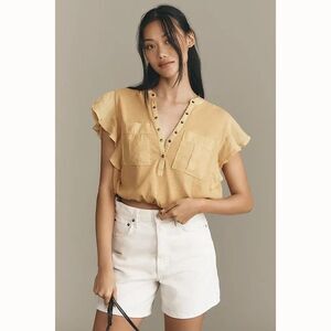 Anthropologie V-Neck Ruffle-Sleeve Knit Cropped Blouse Top Cinched Hem XS 284371